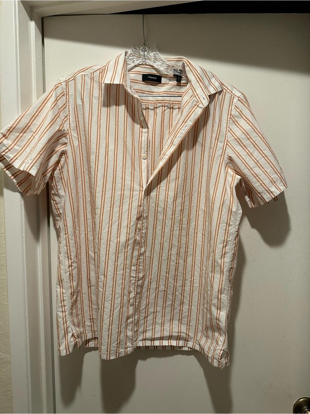 Theory Men's Short-Sleeve Striped Button-Down Shirt in White & Tan Size Large